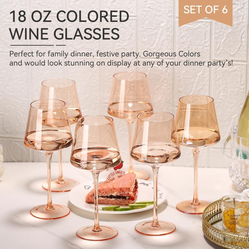 Colored Wine Glasses Set of 6-18oz【Hand Blown】Crystal Colorful Wine Glasses with Stem-Muticolor Wine Glass Wedding gift set for wine lovers Red White Wine Dinner