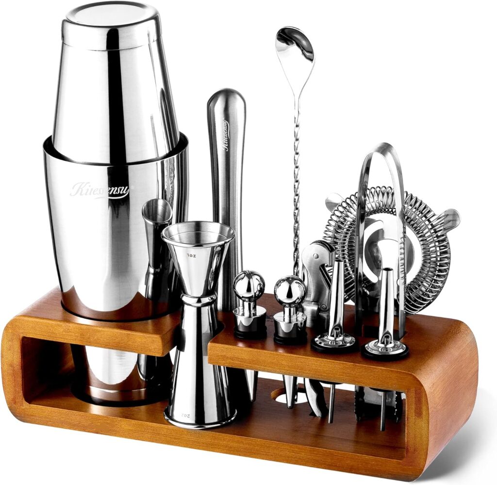 KITESSENSU Mixology Bar Kit with Stand | Complete 11-Piece Cocktail Shaker Set Bar Set for Inspired Drink Mixing Experience | Bartender Accessories for Home Bar Tools Set with Recipes Booklet