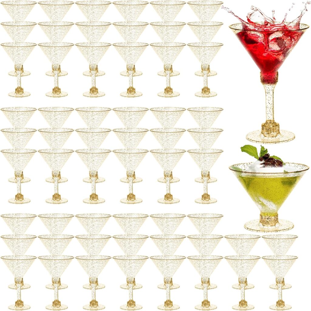 WUWEOT 60 Pack Plastic Martini Glasses, 5 Oz Gold Glitter Disposable Cocktail Glasses, Tall Appetizer Dessert Cups, Unbreakable Wine Shooter Glasses for Margarita Wine Champagne Ice Cream