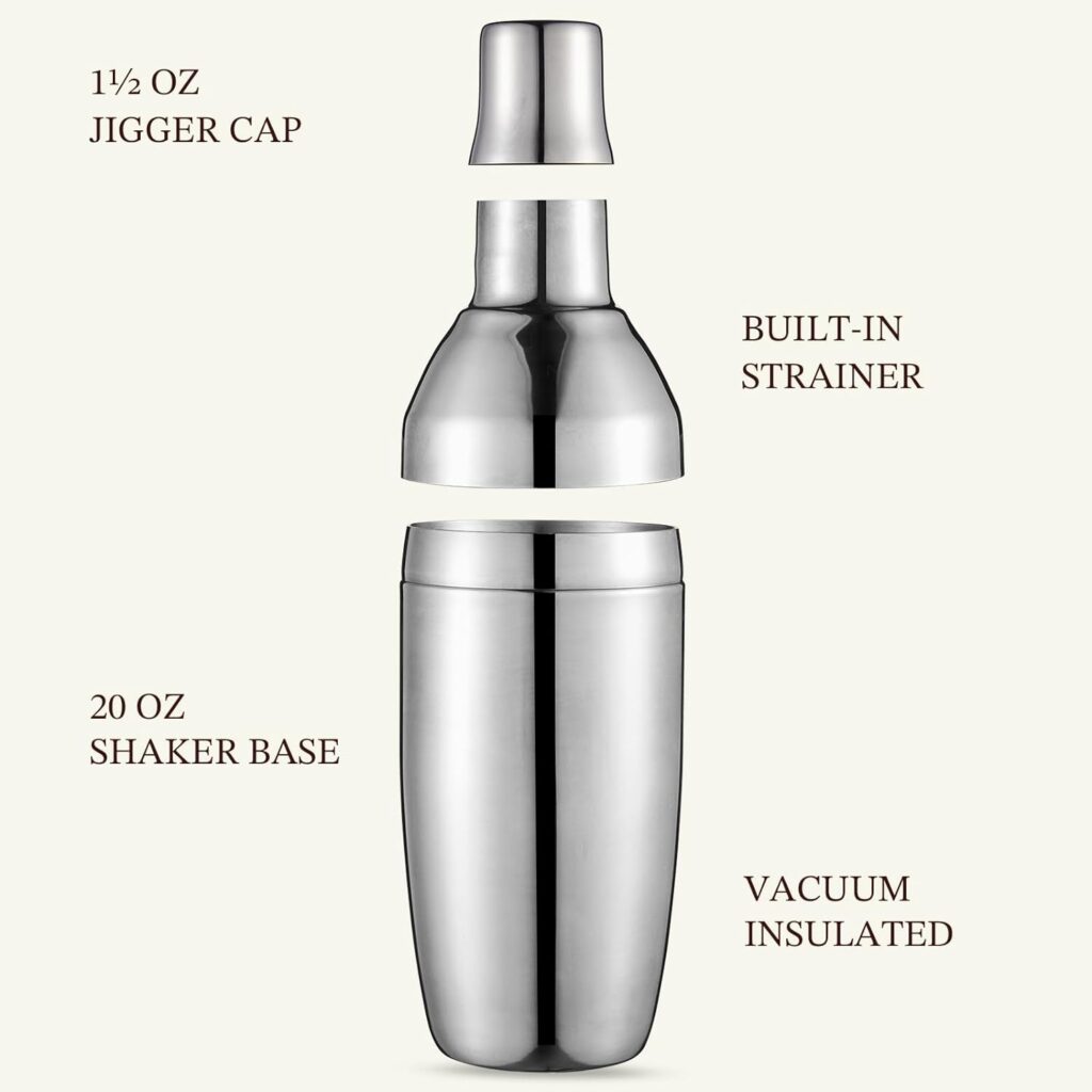 KITESSENSU Insulated Cocktail Shaker - 20 oz Double Wall Martini Shaker - 18/8 Stainless Steel Leak-proof Drink Shaker - Perfect for Margarita and Liquor Drinks