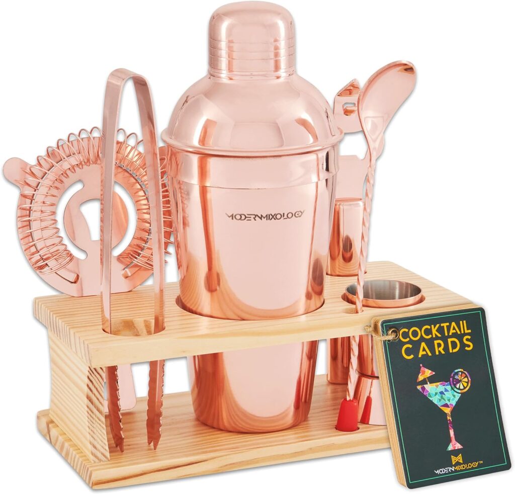 Mixology Bartender Kit - 8-Piece Copper Cocktail Shaker Set with Pine Wood Stand, Recipe Cards, and Bar Accessories Ideas