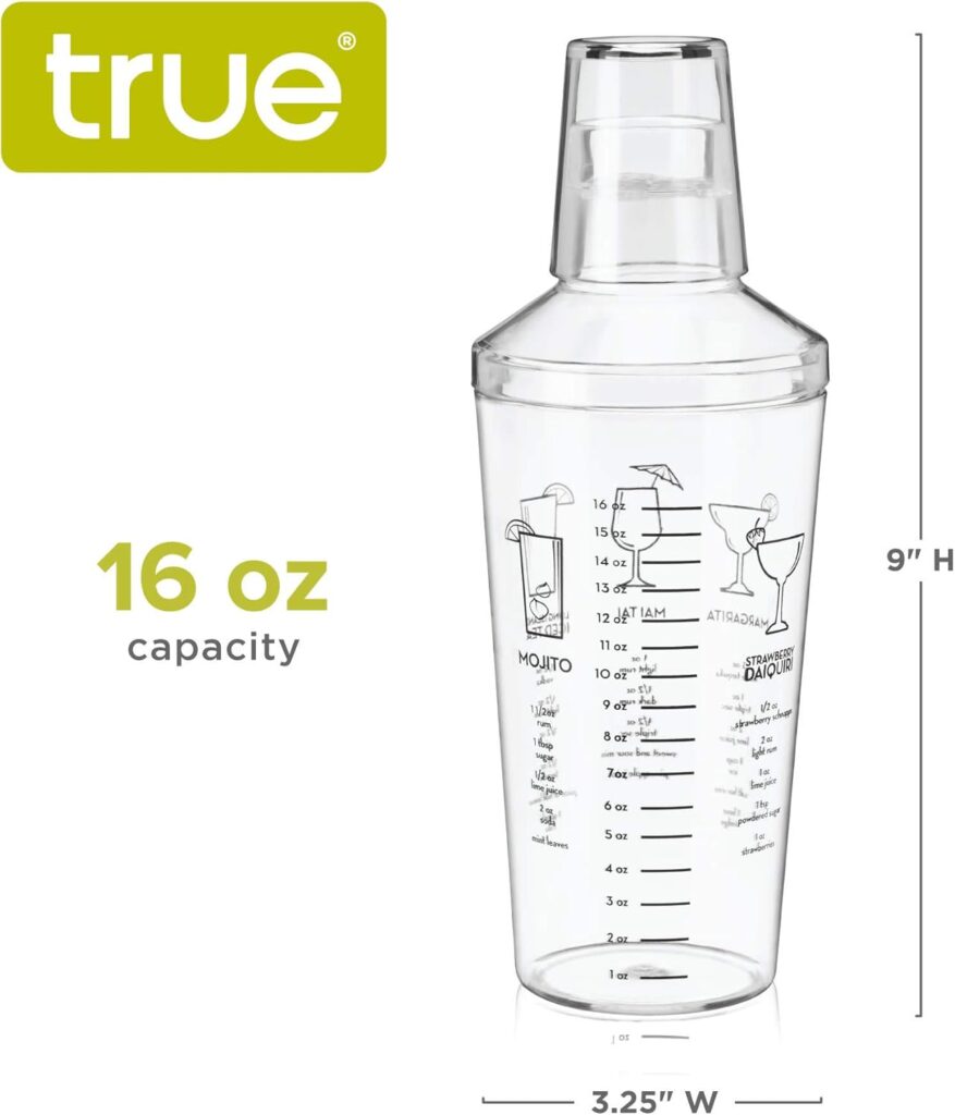 True Smoke Tinted Plastic Cocktail Shaker with Measurements, Includes 6 Recipes, Mixed Drink Shakers Cocktail, Bartending, Barware Tools, 16oz