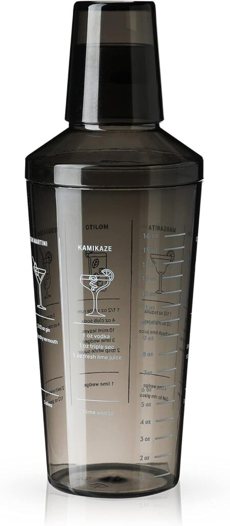 True Smoke Tinted Plastic Cocktail Shaker with Measurements, Includes 6 Recipes, Mixed Drink Shakers Cocktail, Bartending, Barware Tools, 16oz