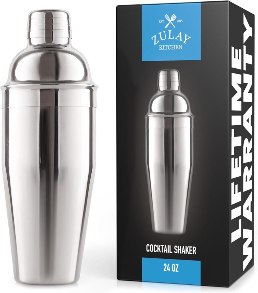 Zulay Cocktail Shaker (24oz) 18/8 Stainless Steel Martini Shaker With Built-In Strainer - Professional Grade Drink Shaker and Strainer For Bartending  Homebars (Silver)