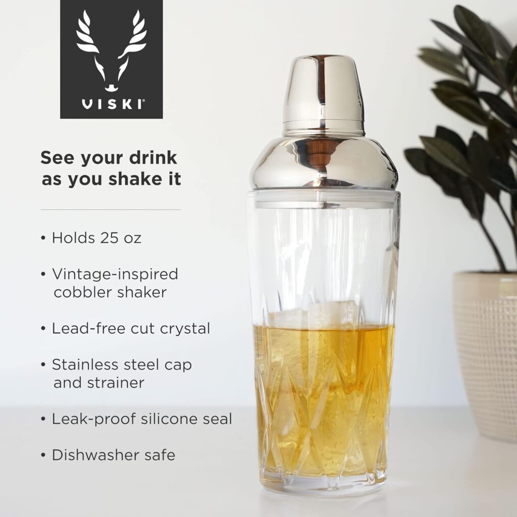 Viski Admiral Cocktail Shaker - Cut Crystal Tumbler with Stainless Steel Cap and Strainer - Dishwasher Safe 25oz Set of 1