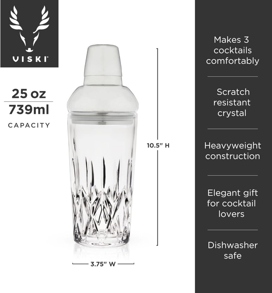 Viski Admiral Cocktail Shaker - Cut Crystal Tumbler with Stainless Steel Cap and Strainer - Dishwasher Safe 25oz Set of 1