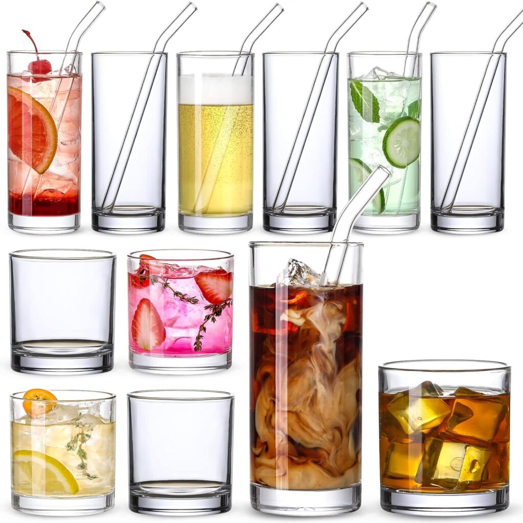 [ 12 Pack ] Glass Cups with Glass Straws, 12oz Highball  Rock Drinking Glasses, Everyday Drinkware Glasses Set, Cute Tumbler Cup, Kitchen Glasses for Iced Coffee, Water, Beer, Cocktail, Whiskey Gift.