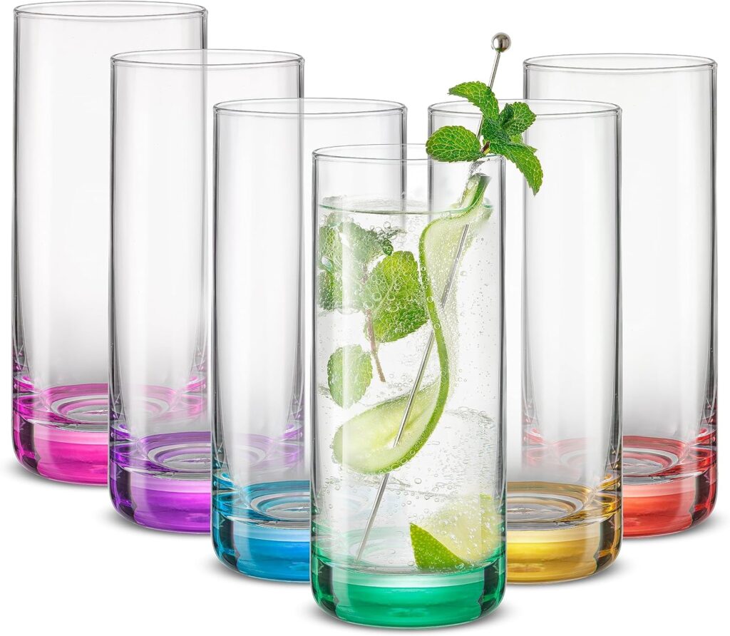 JoyJolt Hue Highball Glasses Set of 6 Tall Drinking Glasses. 13oz Cocktail Glasses, Bourbon Whiskey Glass Cups Set, Mojito Glass Tumbler, Tom Collins Glasses, Water Glasses. Colored Glassware Sets