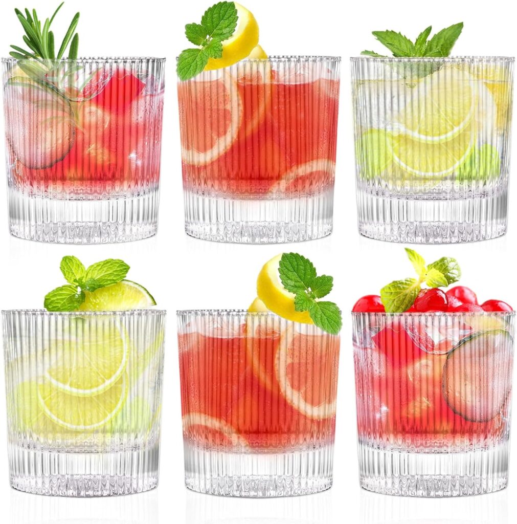 Ribbed Glassware Set of 6, 9.5Oz Rocks Glasses, Ribbed Drinking Glasses, Vintage Ribbed Glasses, Origami Glass Cups for Whiskey, Cocktail, Mixed Drink