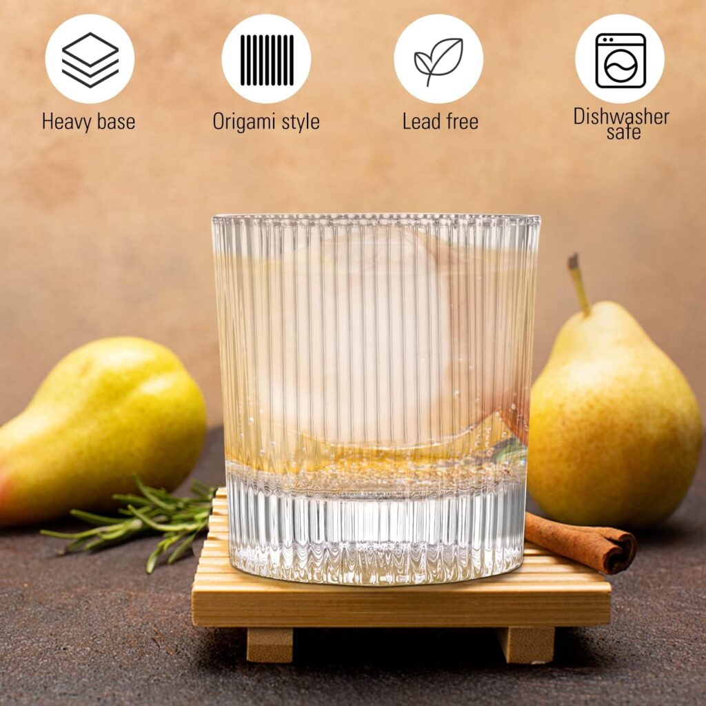 Ribbed Glassware Set of 6, 9.5Oz Rocks Glasses, Ribbed Drinking Glasses, Vintage Ribbed Glasses, Origami Glass Cups for Whiskey, Cocktail, Mixed Drink