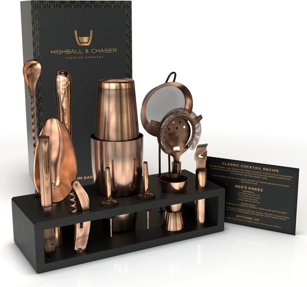 Highball  Chaser Bartender Kit with Black Bamboo Stand Beautiful Cocktail Shaker Set and Bar Tools Stainless Steel Boston Shaker Bartender Kit with Stand (Antique Copper)