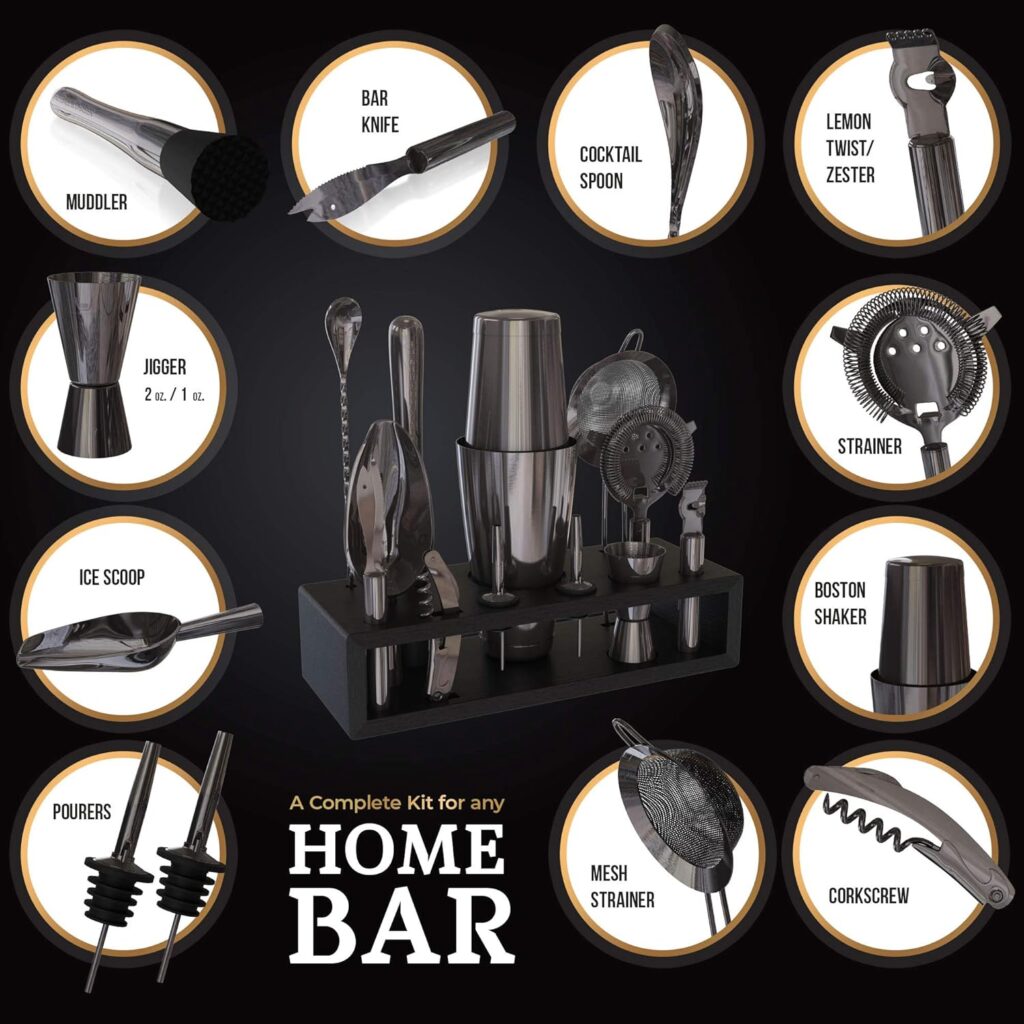 Highball  Chaser Bartender Kit with Black Bamboo Stand Beautiful Cocktail Shaker Set and Bar Tools Stainless Steel Boston Shaker Bartender Kit with Stand (Antique Copper)