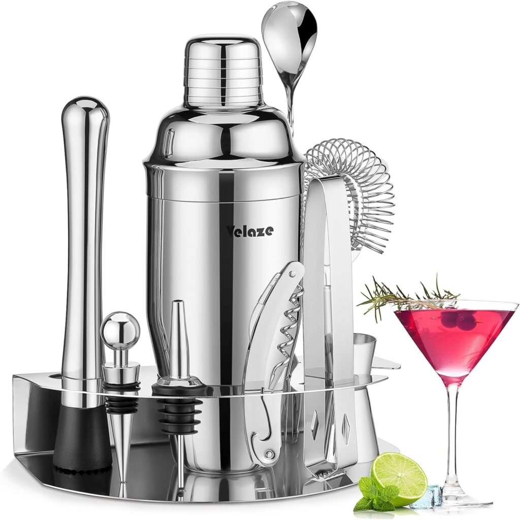 Velaze Cocktail Shaker Set,10 Pieces Stainless Steel Bar Tools - Bottle Opener, Pour Spouts,Measuring Jigger and Wine Stopper, Champagne Martini Shaker Sets (Blue)