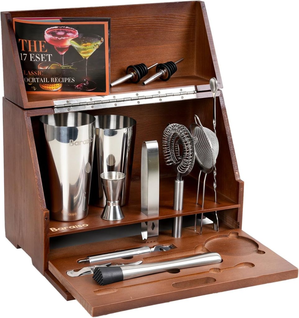 Bar Set Cocktail Shaker Set, Mixology Bartender Kit with Durable Stainless Steel, Cocktail Shaker Set and Bar Accessories with Wooden Box, Bar Kits for Bartender Home