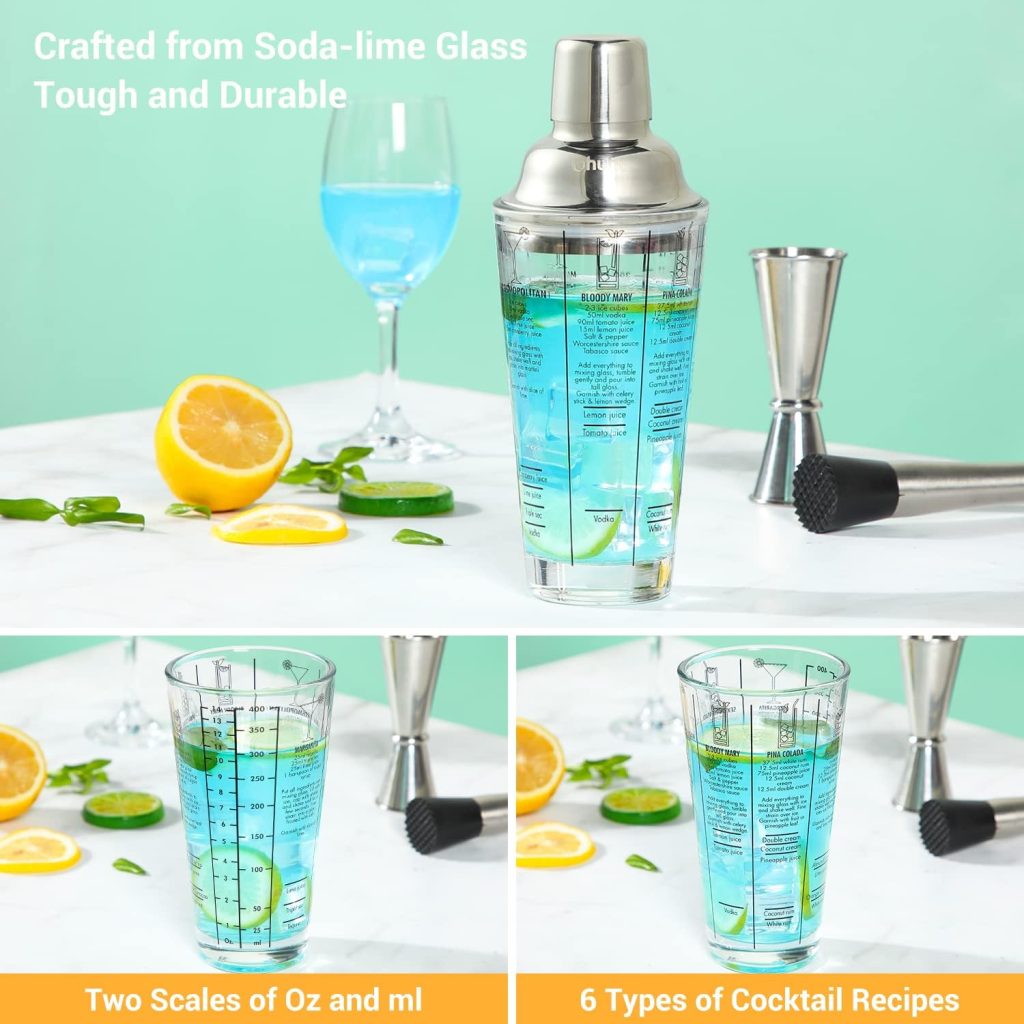 Cocktail Shaker Set, Ohuhu 17-Piece Bartender Kit Bar Tool Set with Acrylic Stand Premium Soda-Lime Glass Drink Shaker with All Bar Accessories for Beginners Home Bar Parties Fathers Day Gifts