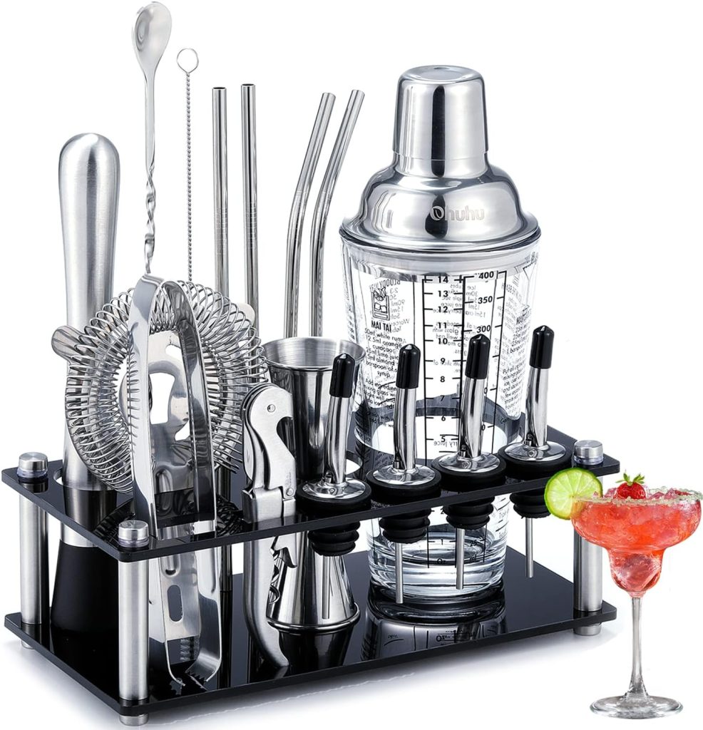 Cocktail Shaker Set, Ohuhu 17-Piece Bartender Kit Bar Tool Set with Acrylic Stand Premium Soda-Lime Glass Drink Shaker with All Bar Accessories for Beginners Home Bar Parties Fathers Day Gifts