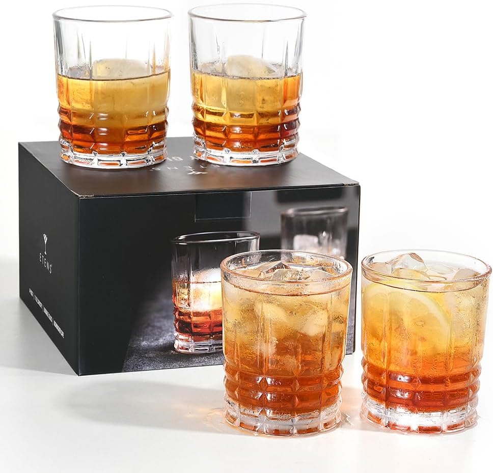 Old Fashioned Whiskey Glasses Set of 4, 11oz Bourbon Glass Set Rock Glass for Cocktail Drinks Scotch, Lowball Drinking Bar Glassware Short Tumbler Drinkware