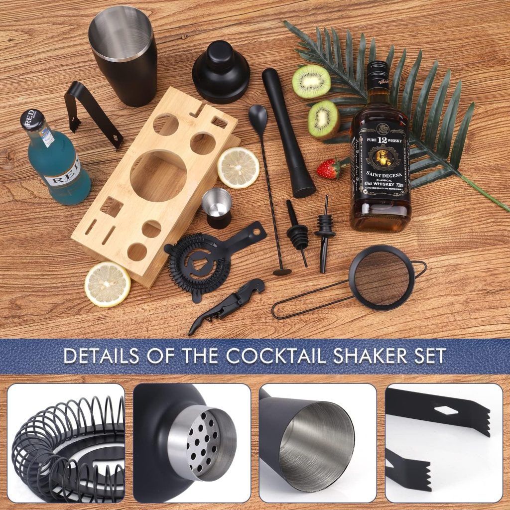 11Pcs-Cocktail Shaker Set Black Bartending Kit 25oz Cocktail Bar Set Cocktail Mix Drink Making Kit Professional Bar and Home Drink Bar Tools for Bartender(Matte Black)