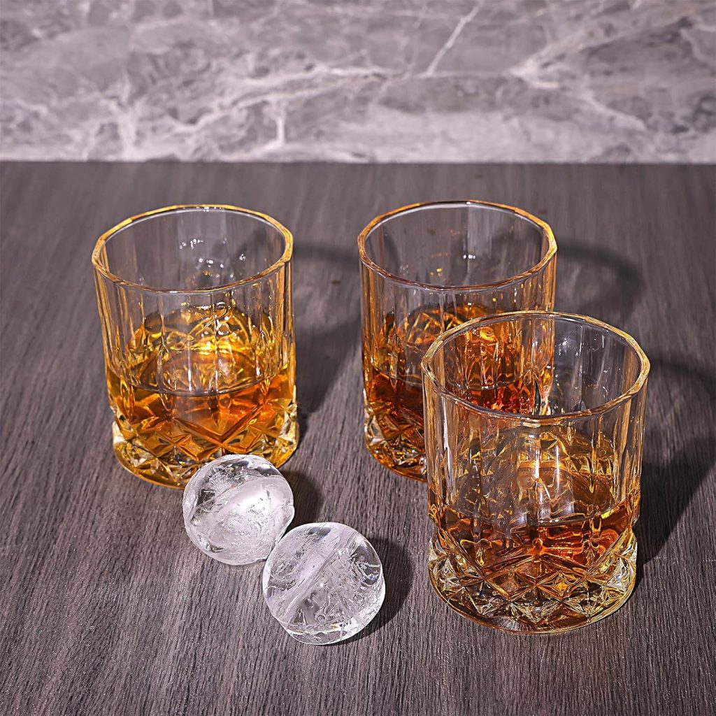 CUCUMI 10oz Rocks Glasses Set 4, Old Fashioned Cocktail Glasses,Sphere Ice Molds, for Bourbon Scotch Drinking Bar Glassware Gifts