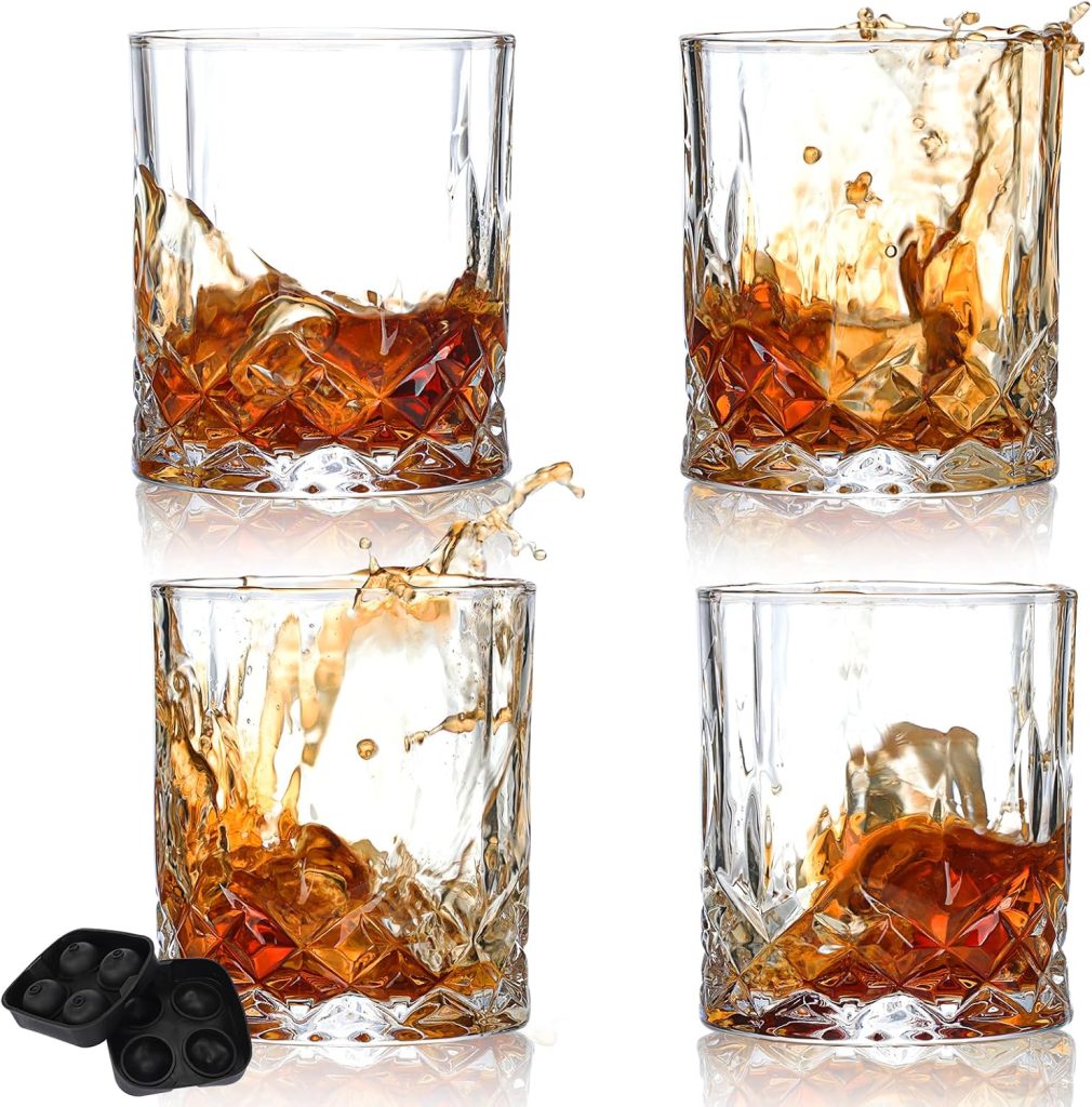 CUCUMI 10oz Rocks Glasses Set 4, Old Fashioned Cocktail Glasses,Sphere Ice Molds, for Bourbon Scotch Drinking Bar Glassware Gifts