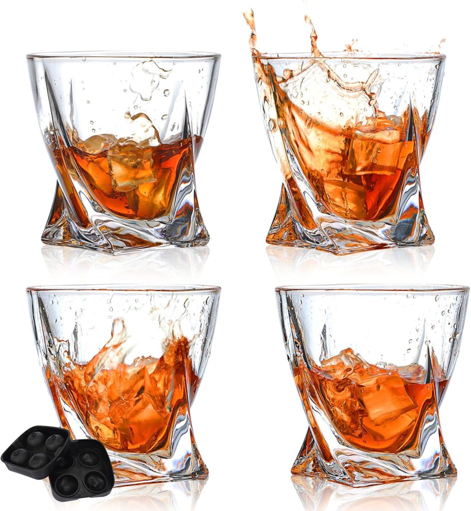 CUCUMI 10oz Rocks Glasses Set 4, Old Fashioned Cocktail Glasses,Sphere Ice Molds, for Bourbon Scotch Drinking Bar Glassware Gifts